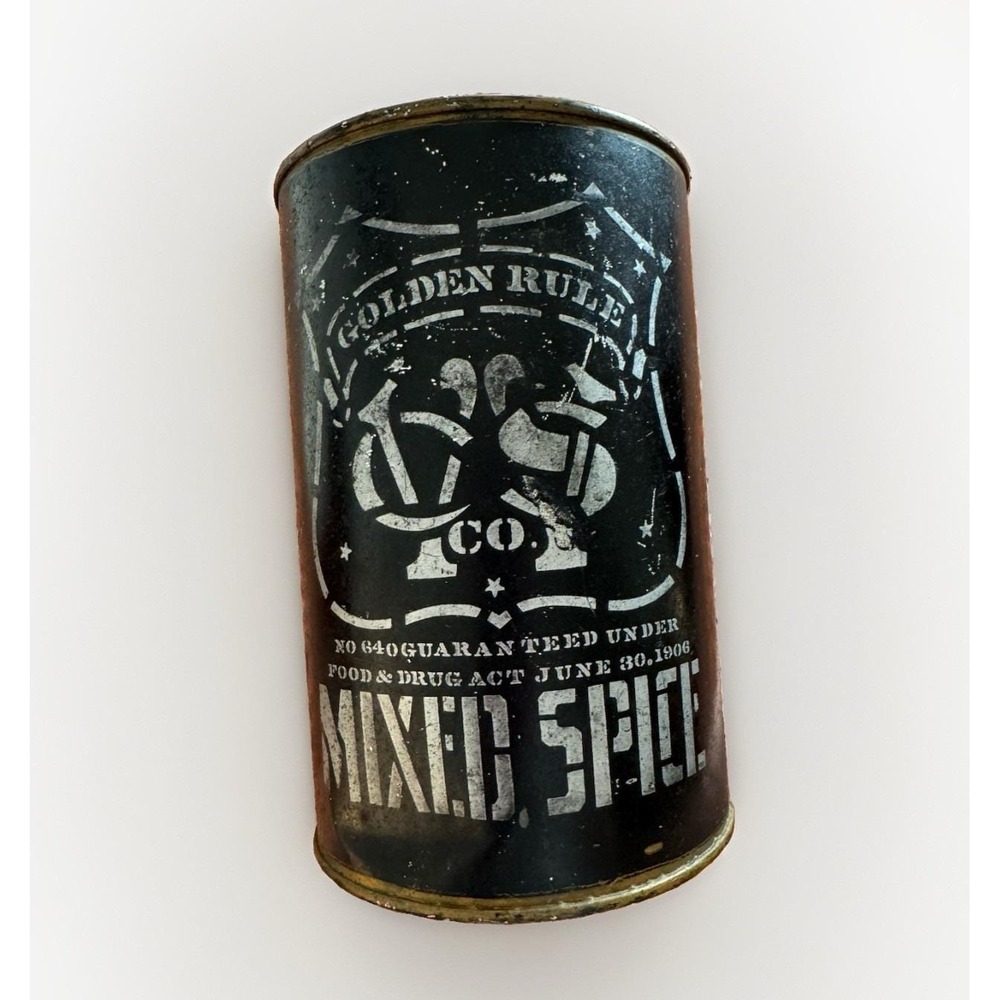 Antique Golden Rule Mixed Spice Tin 1906 Food And Drug Act Advertisingā